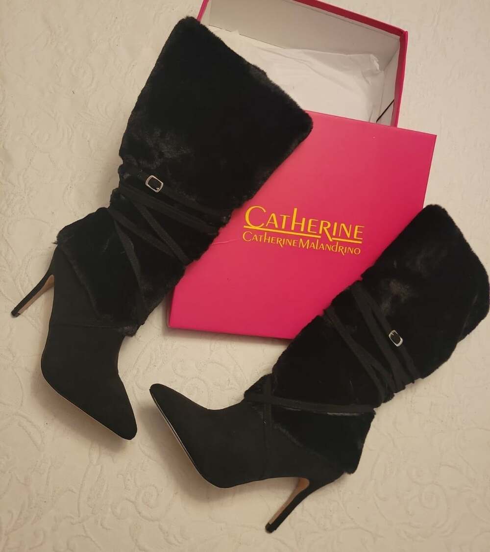 Catherine Malandrino Size 8 Boots With Fur Knee High. 3.75 Inch Heals NEW